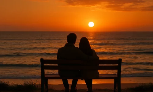 Ein Paar sitzt auf einer Bank vorm Meer und beobachtet den Sonnenuntergang.